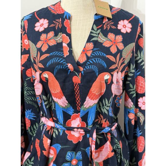 NEW Boden Cleo Linen Tie Waist Tropic Parrot Bird Paradise Resort Dress Size 10R - Picture 2 of 2